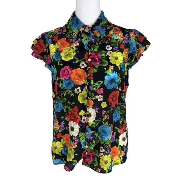 Alice and Olivia Martel Silk Flutter Sleeve Top Floral Button Blouse Size Small - Picture 2 of 7